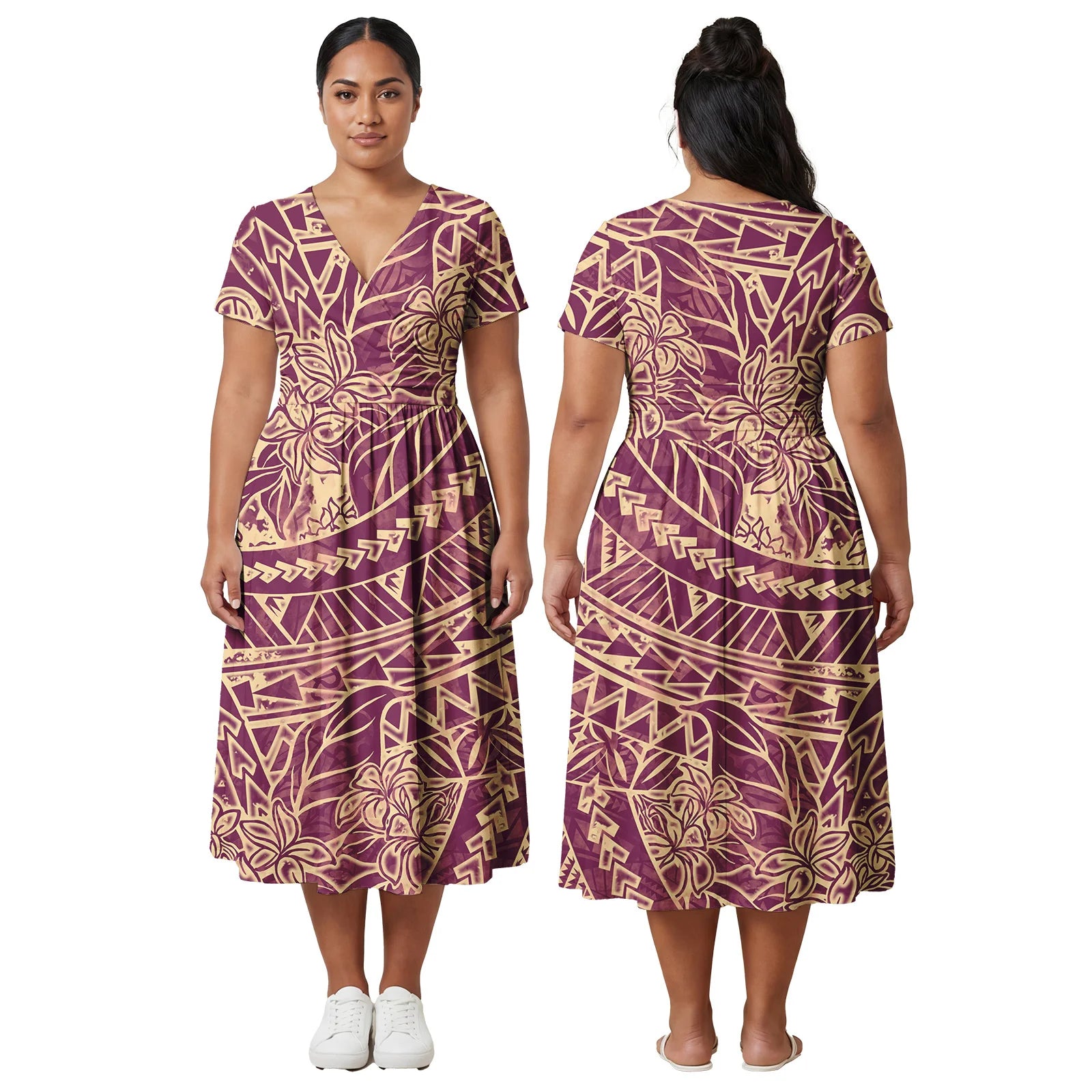 Factory Outlet Outfits Custom Ladies Samoan Tribal Prom Dresses Polynesian Fashion Plus Size Skirts Hawaiian V-Neck Women Dress