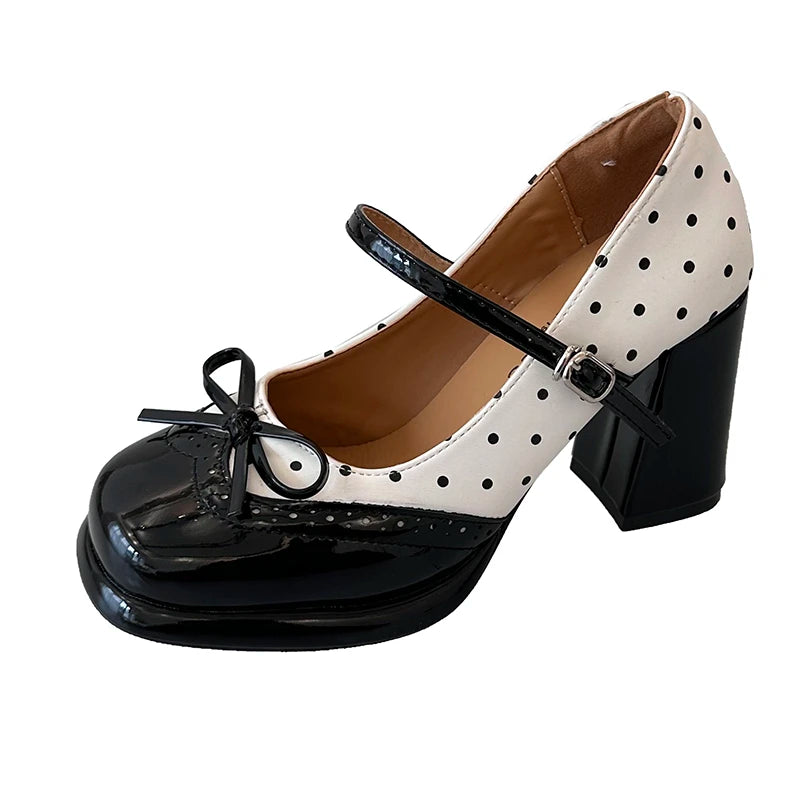 Platform Block Heels Polka Dot Women Mary Jane Shoes Concise Ankle Strap Shoes Spring Women's Elegant Butterfly-knot Dress Pumps