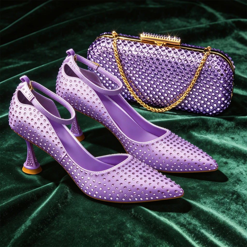 Elegant Light Purple Women's Heels & Handbag Set - Rhinestone-Embellished Shoes for Weddings & Special Occasions - 2026