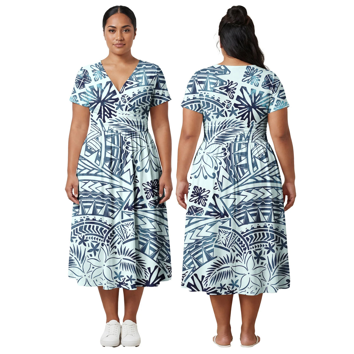 Custom Ladies Clothes Polynesian Midi Skirts Hawaiian Island Side Zipper Design Dress Samoan Women Tribal Short Sleeve Dresses