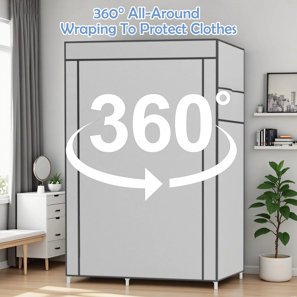 Portable Wardrobe Closet Organizer with Cover Non-Woven Steel Tube Frame 6 Shelves 2 Side Pockets 12mm Easy Assembly for Bedroom