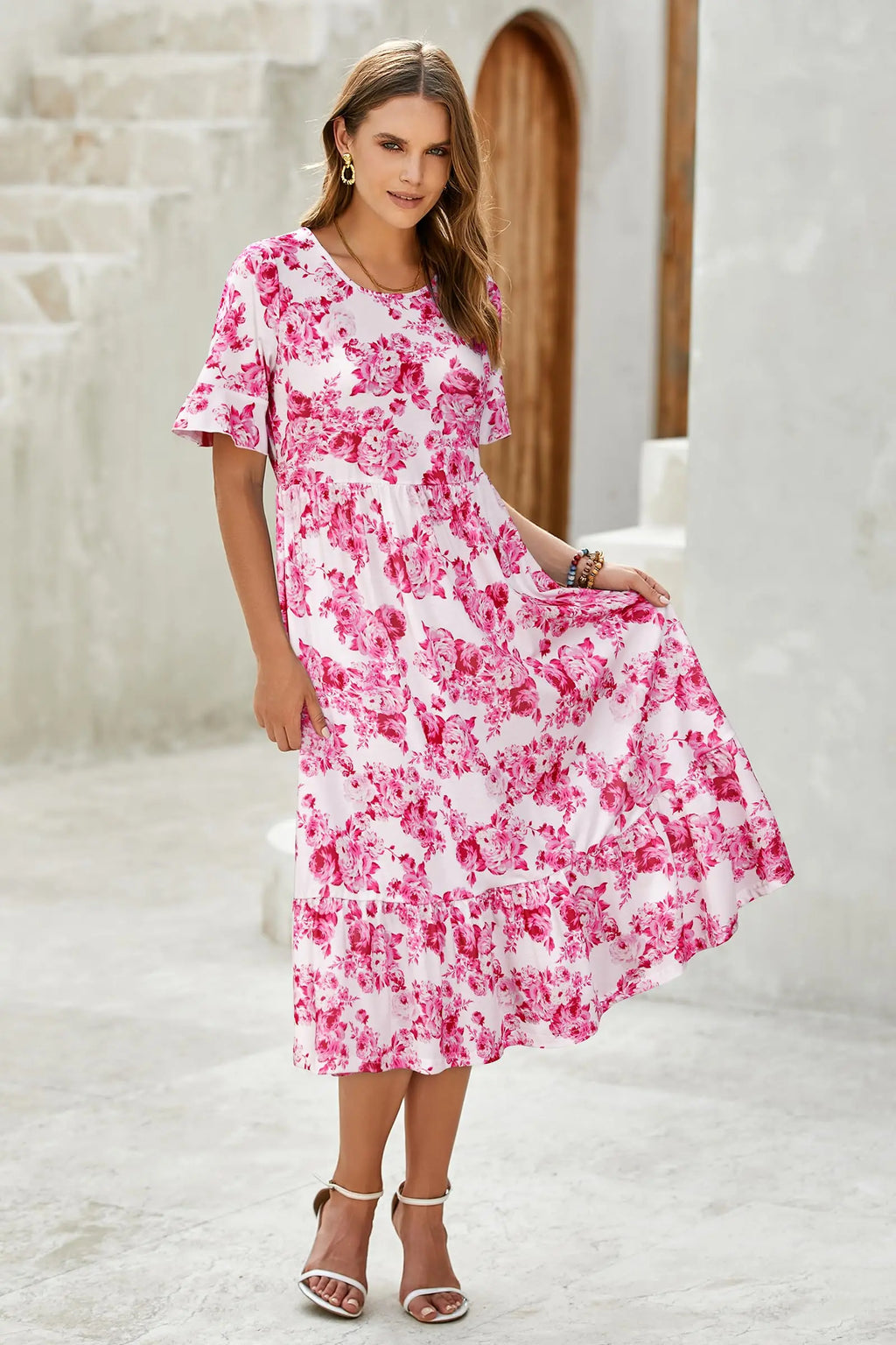 Women Summer Dress Floral Short Sleeve Casual Swing Midi Dress With Pockets