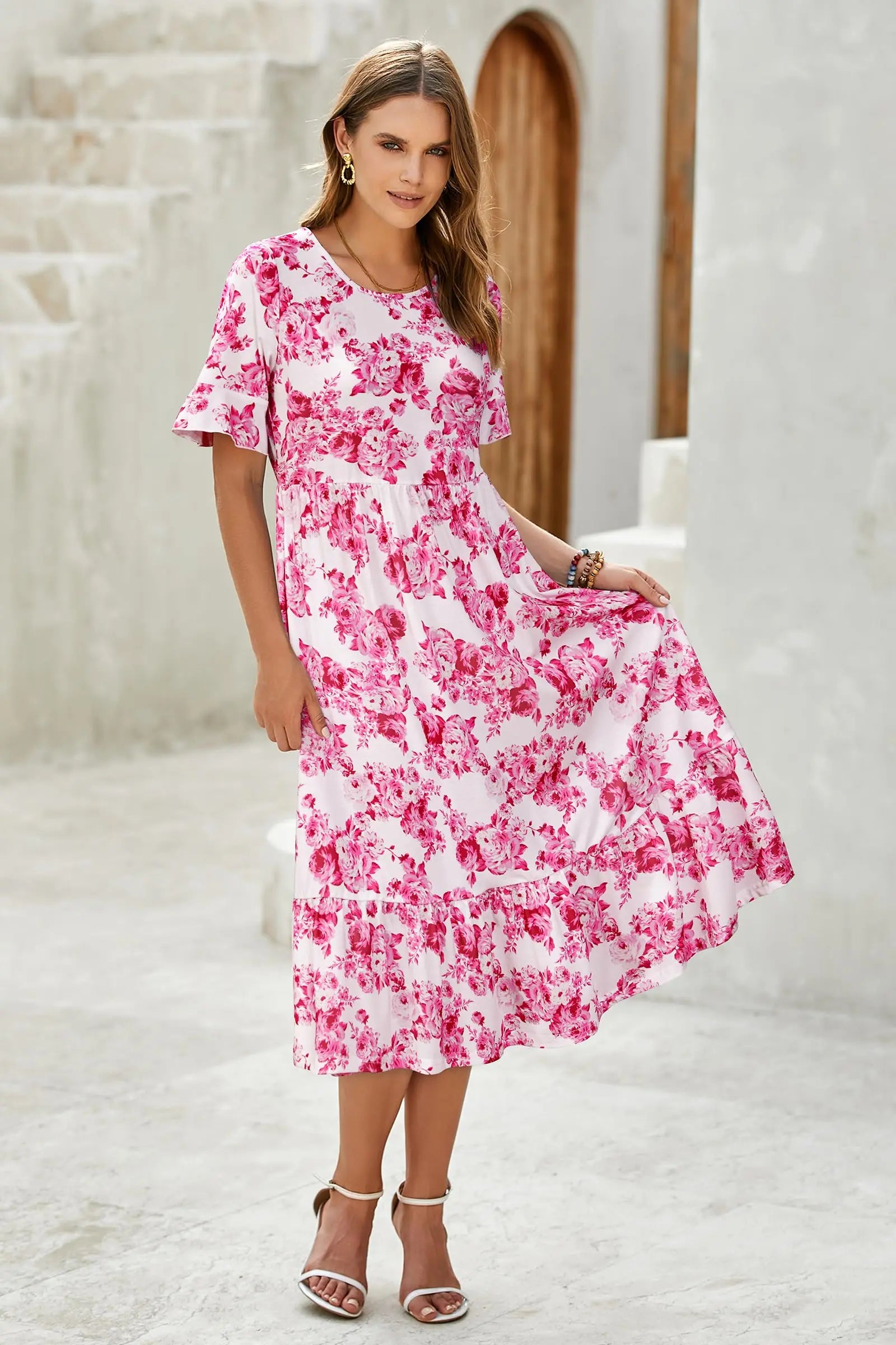 Women Summer Dress Floral Short Sleeve Casual Swing Midi Dress With Pockets