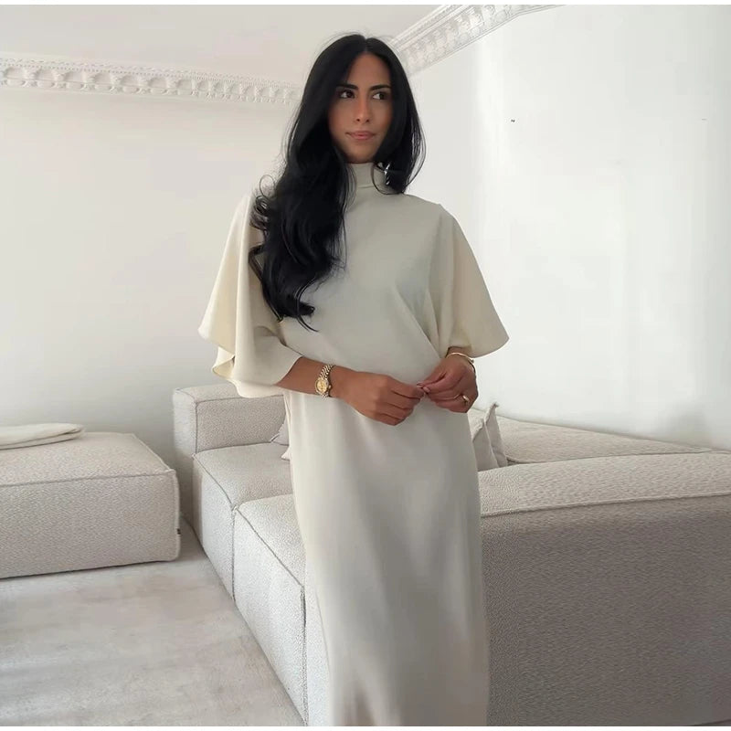 Solid Satin Maxi Dress Women Chic High Neck Batwing Sleeve Front Slit Loose Fit Dresses 2026 Summer Elegant Evening Party Gown