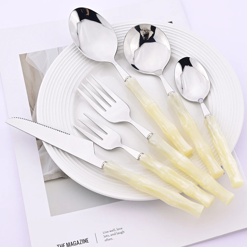 4Pcs Imitation Bamboo Handle Dinnerware Set Knife Fork Spoon Tableware Set Stainless Steel Cutlery Kitchen Flatware