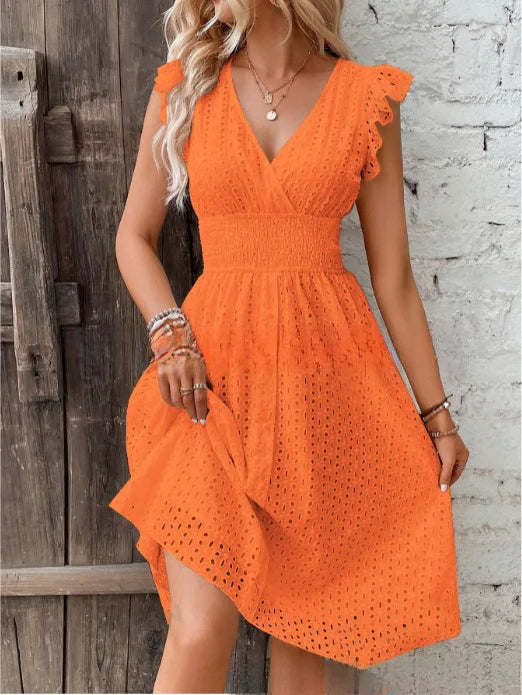 White Lace Fashion Hollow Mini Dress For Women V-Neck Summer Elegant Office Ladies A-Line Dresses Casual Beach Holiday Sundress