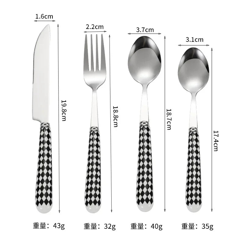 Korean Dotted Retro Stainless Steel Tableware 4-Piece Set, Western Steak Fork & Butter Spoon Household Dinner Cutlery Set