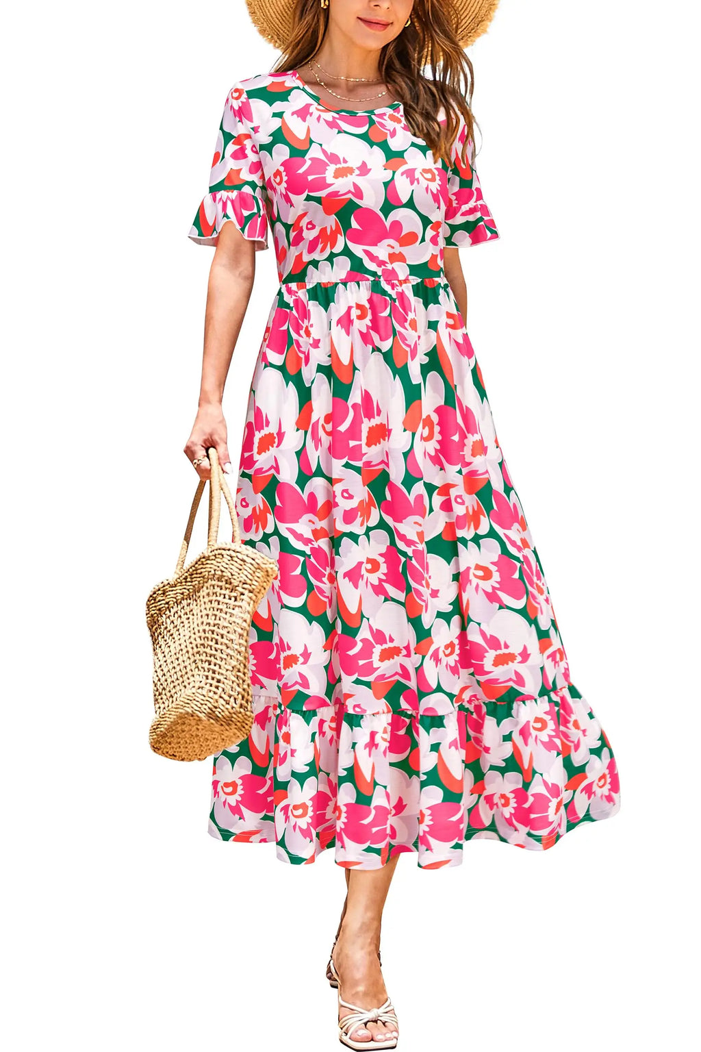 Women Summer Dress Floral Short Sleeve Casual Swing Midi Dress With Pockets