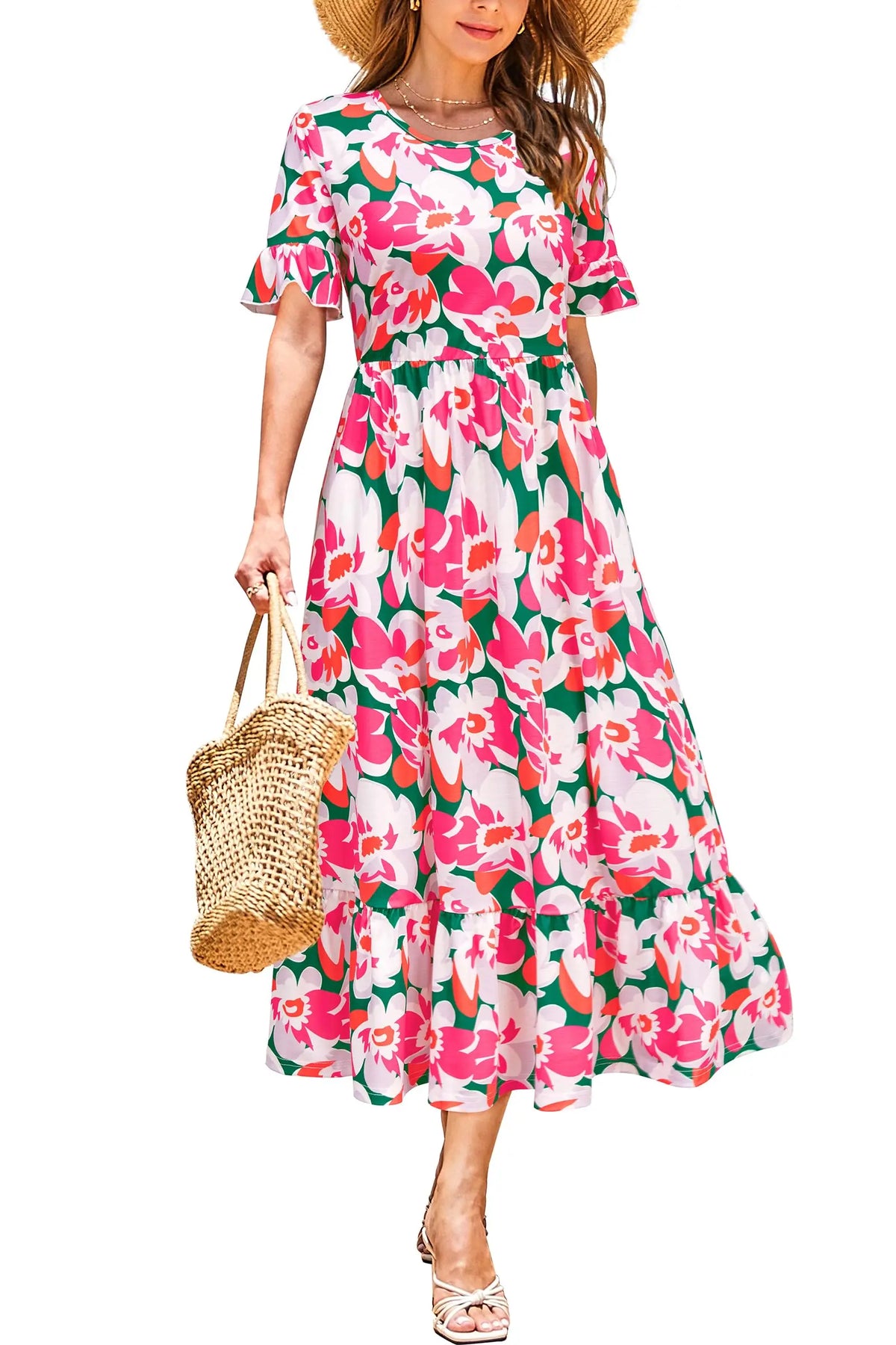 Women Summer Dress Floral Short Sleeve Casual Swing Midi Dress With Pockets