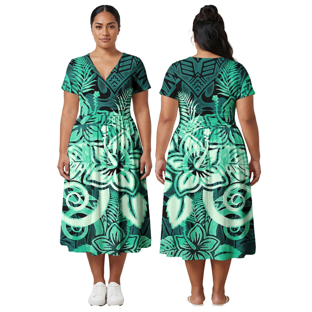 Custom Ladies Clothes Polynesian Midi Skirts Hawaiian Island Side Zipper Design Dress Samoan Women Tribal Short Sleeve Dresses
