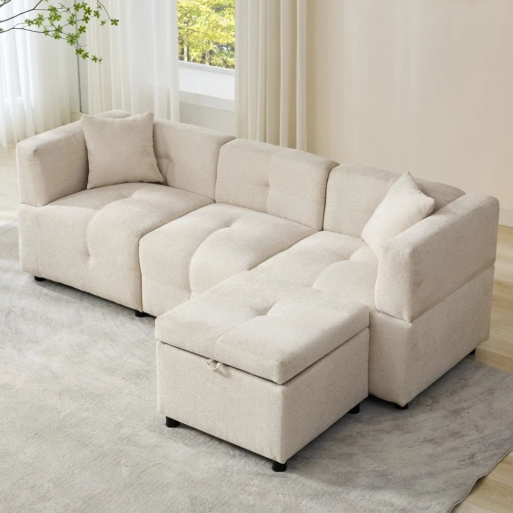 PINOOG L-Shaped Couch Sofa, Corner Sofa 3 Seater Sofa, Sectional Sofa Couches With USB, Cup Holder, For Apartment Living Room (Beige)