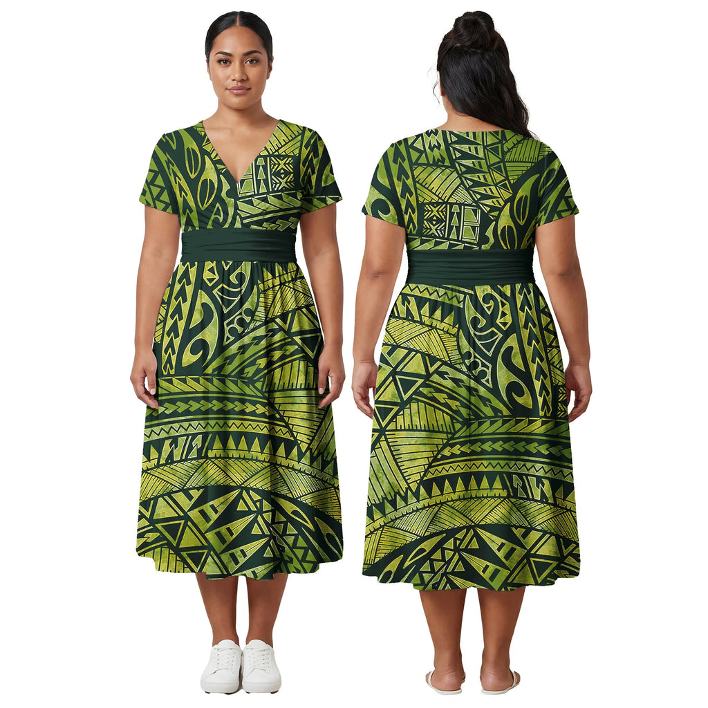 Custom Ladies Clothes Polynesian Midi Skirts Hawaiian Island Side Zipper Design Dress Samoan Women Tribal Short Sleeve Dresses