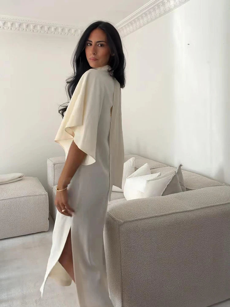 Solid Satin Maxi Dress Women Chic High Neck Batwing Sleeve Front Slit Loose Fit Dresses 2026 Summer Elegant Evening Party Gown