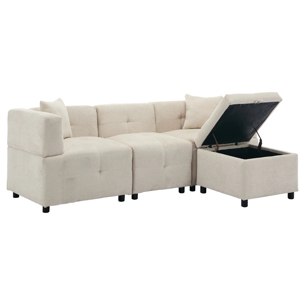 PINOOG L-Shaped Couch Sofa, Corner Sofa 3 Seater Sofa, Sectional Sofa Couches With USB, Cup Holder, For Apartment Living Room (Beige)