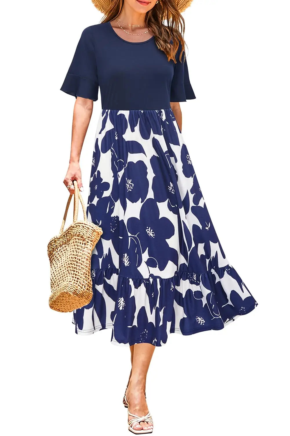 Women Summer Dress Floral Short Sleeve Casual Swing Midi Dress With Pockets