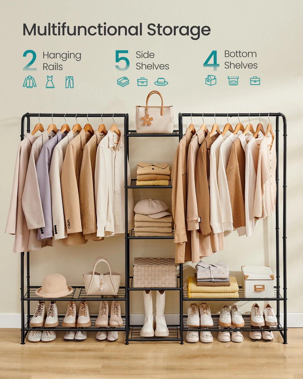 SONGMICS Clothes Hanger, Open Wardrobe, Clothes Rail, Clothes Rack with Storage Shelves, Metal Wardrobe, Freestanding