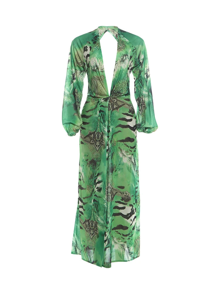 Sisterlinda Backless Long Dress Woman Autumn Trend Deep V-Neck Tiger Stripe Print Lantern Sleeve Beach Party Elegant Vestidos
