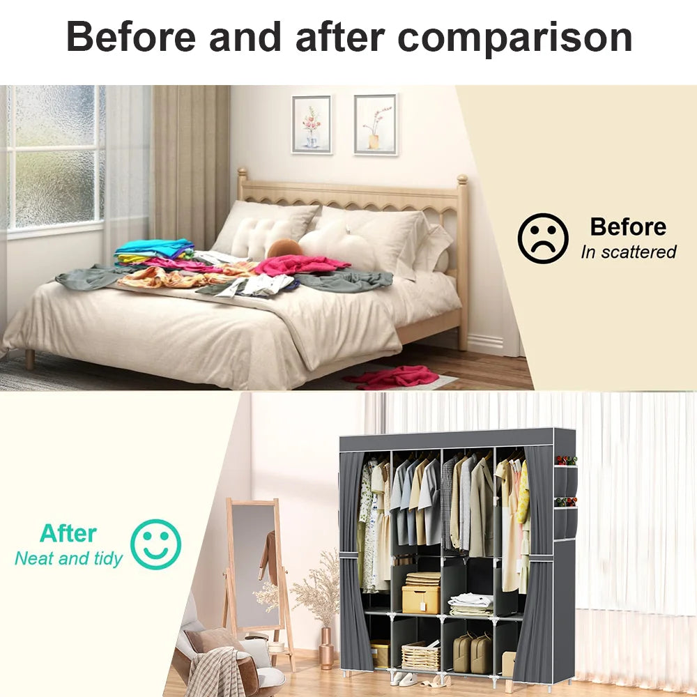 170*45*170cm Canvas Wardrobe Clothes Closet Organizer Portable Storage Cupboard for Bedroom Fabric Closet Dust-proof Storage