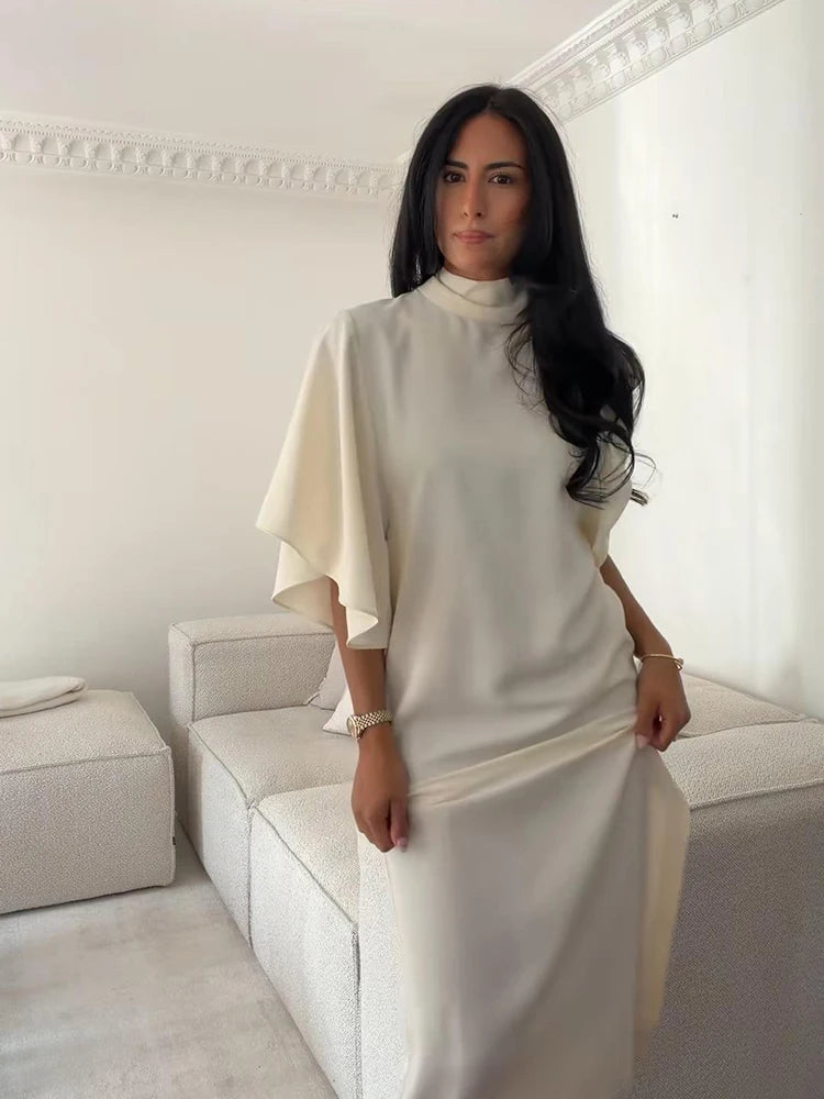 Solid Satin Maxi Dress Women Chic High Neck Batwing Sleeve Front Slit Loose Fit Dresses 2026 Summer Elegant Evening Party Gown