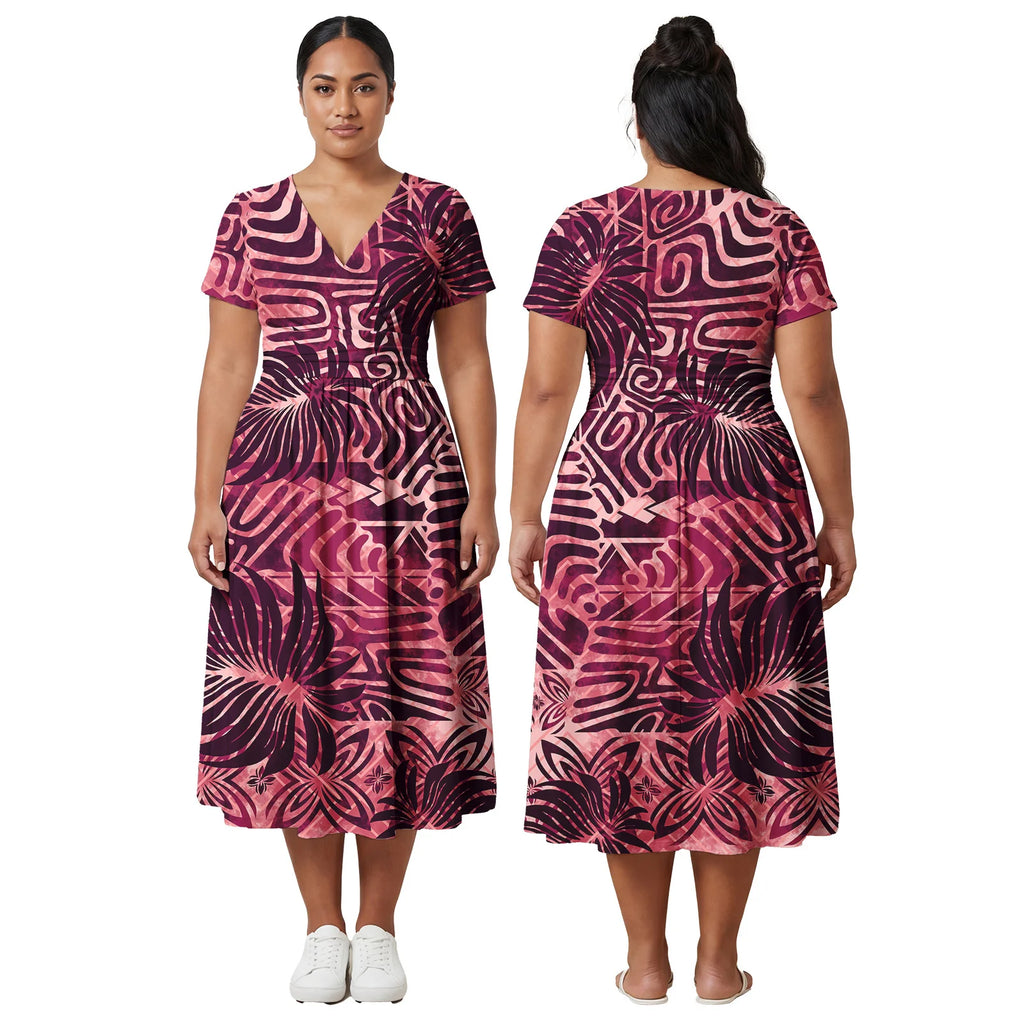 Factory Outlet Outfits Custom Ladies Samoan Tribal Prom Dresses Polynesian Fashion Plus Size Skirts Hawaiian V-Neck Women Dress