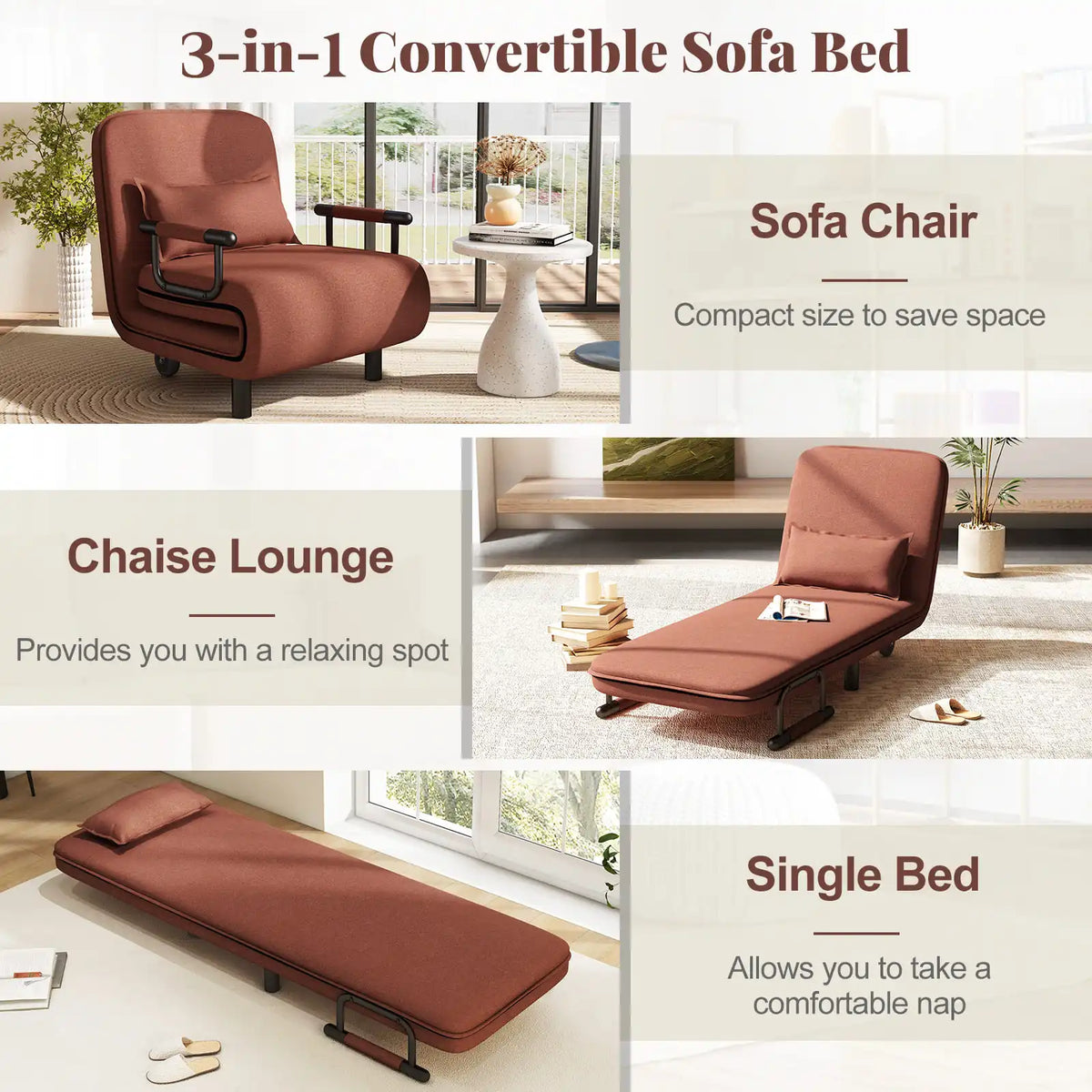 GOFLAME Single Folding Sofa Bed Chair Modern Fabric Sleep Function Holder With Pillow