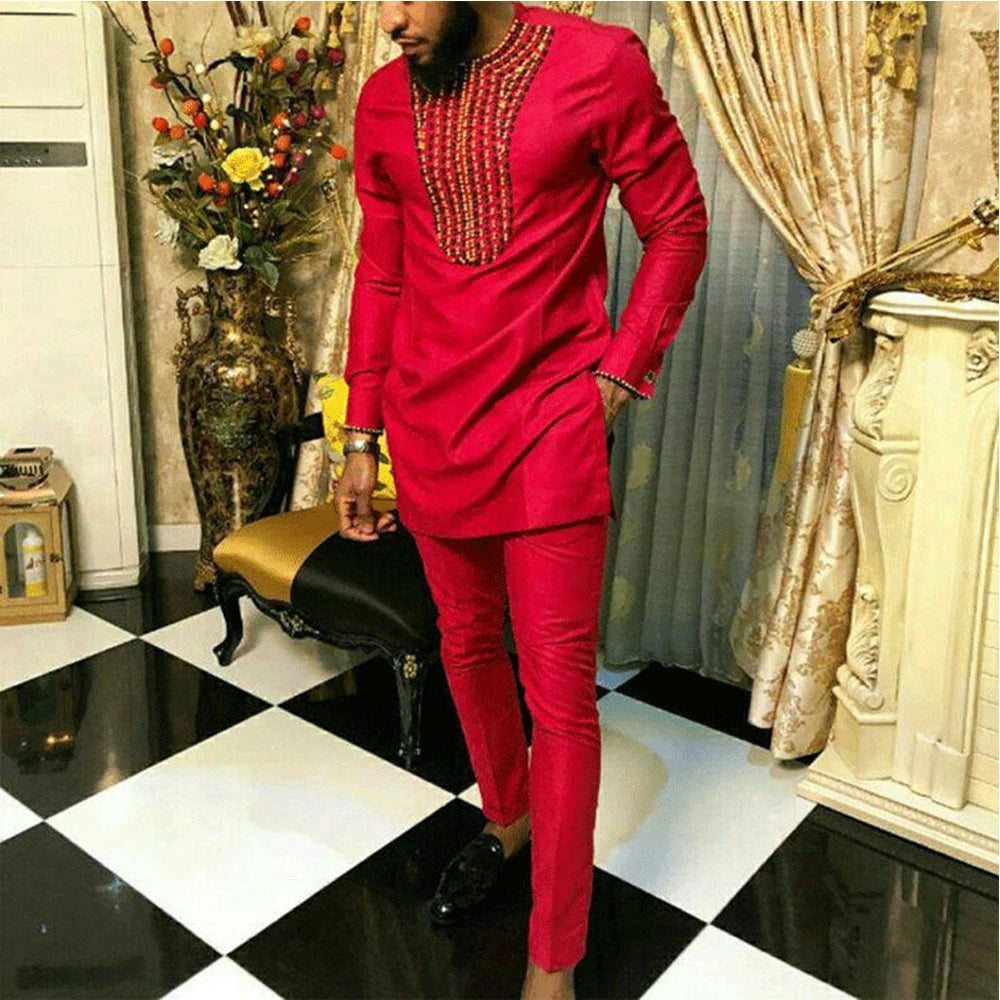 2025 New Elegant Men's Suit African Style Kaftan Embroidery Casual 2 Piece Suit Festive Wedding Traditional Men's Clothing
