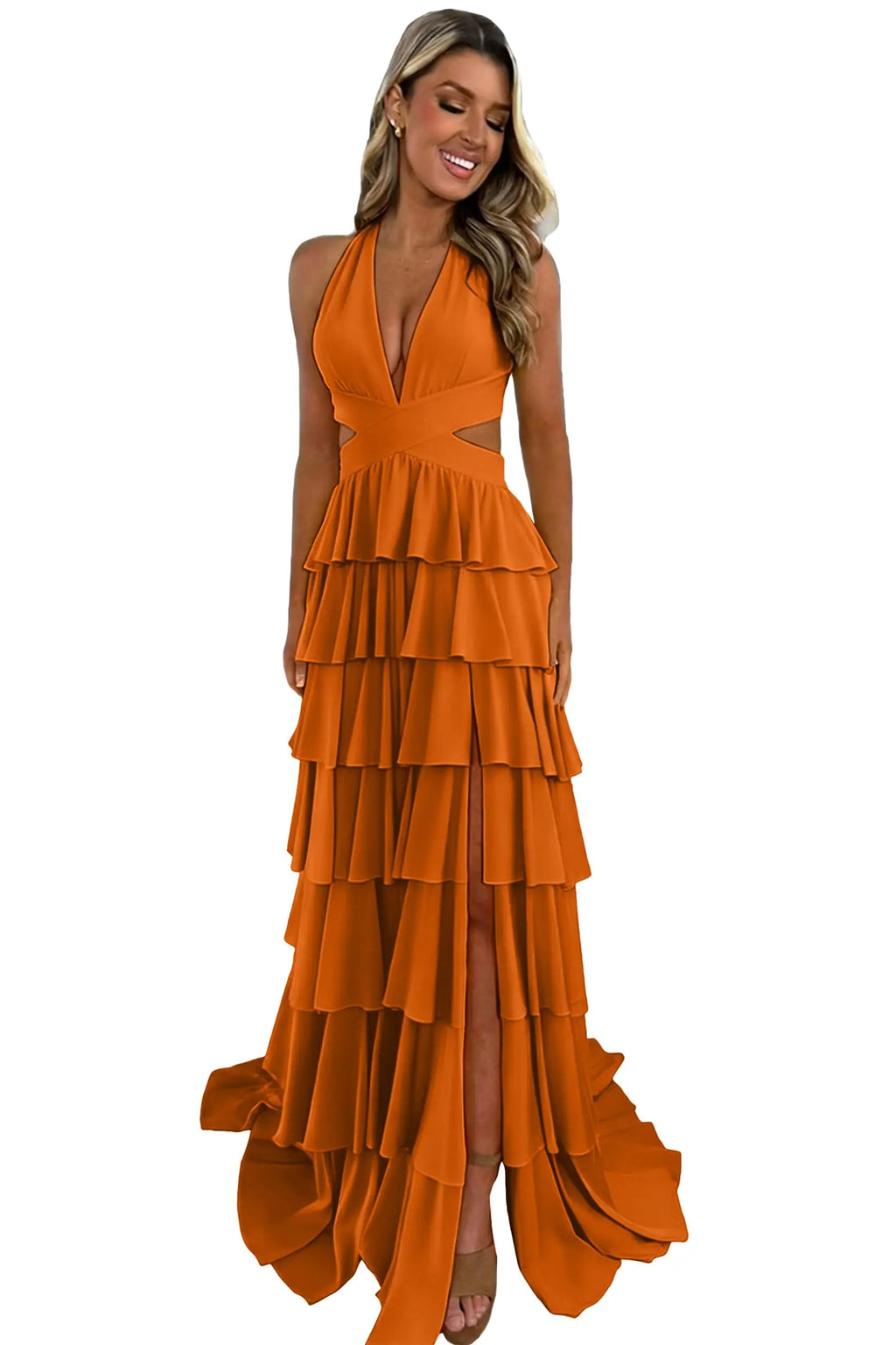 Customized Halter Tiered Ruffle Prom Dresses for Women 2026 Strapless Chiffon Long Formal Evening Party Gowns with Slit