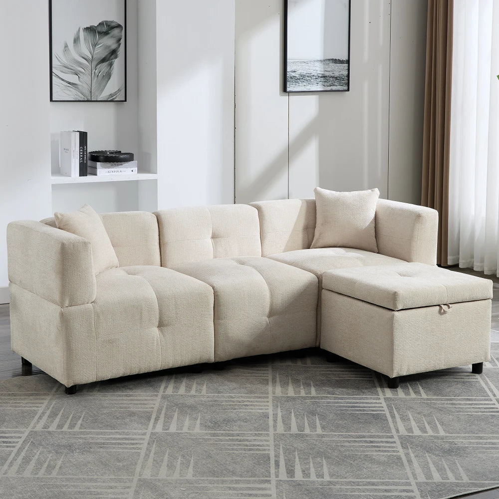 PINOOG L-Shaped Couch Sofa, Corner Sofa 3 Seater Sofa, Sectional Sofa Couches With USB, Cup Holder, For Apartment Living Room (Beige)