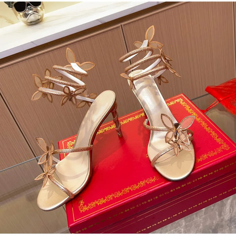 Luxury Crystal Embellished Butterfly Detail Women Sandals Sexy Coiled Strap Thin High heels Gladiator sandals Summer Party Shoes