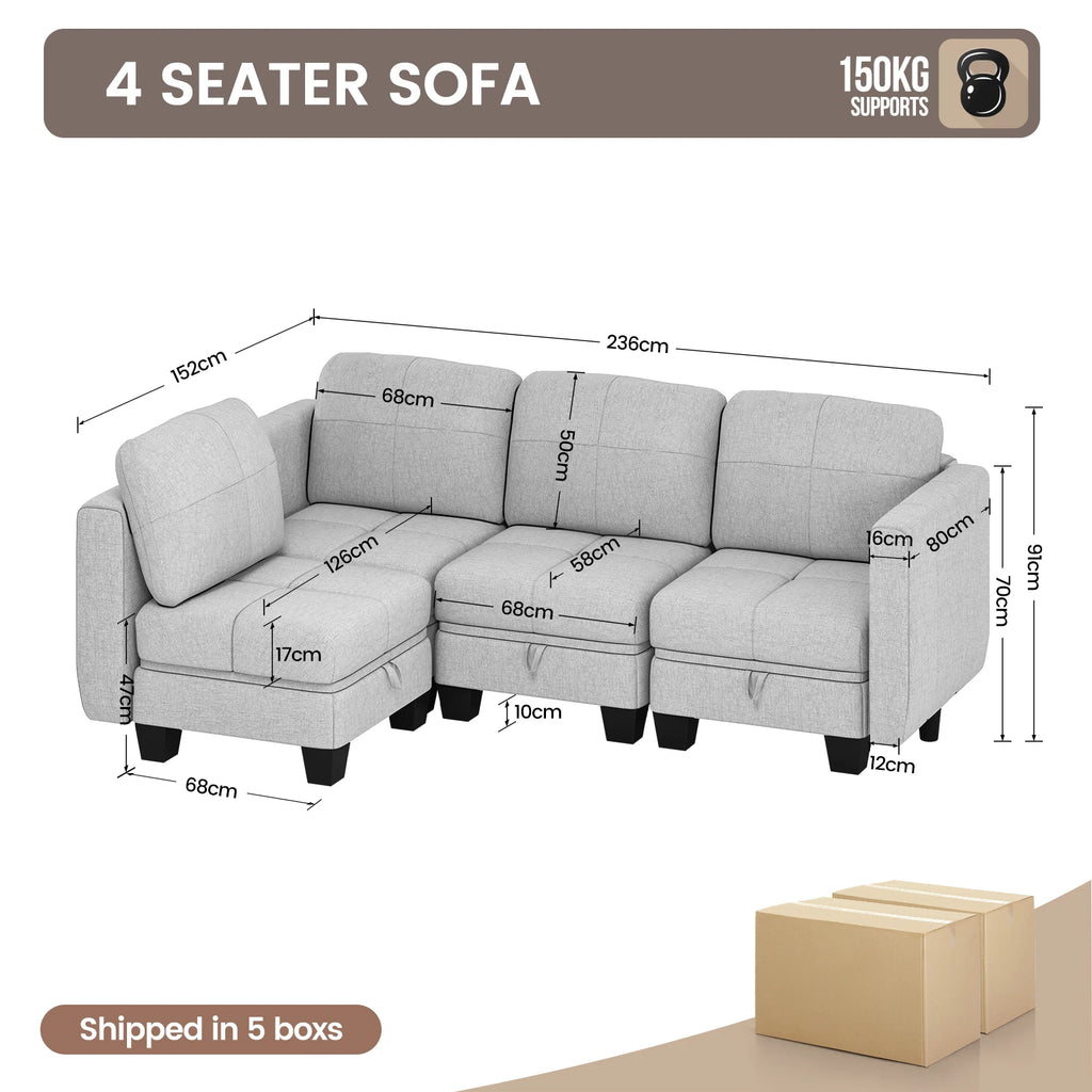 Fabric Modular Sofas with Upholstered Cushion and Removable Back Cushion Covers, Modern Sectional Sofa for Living Room
