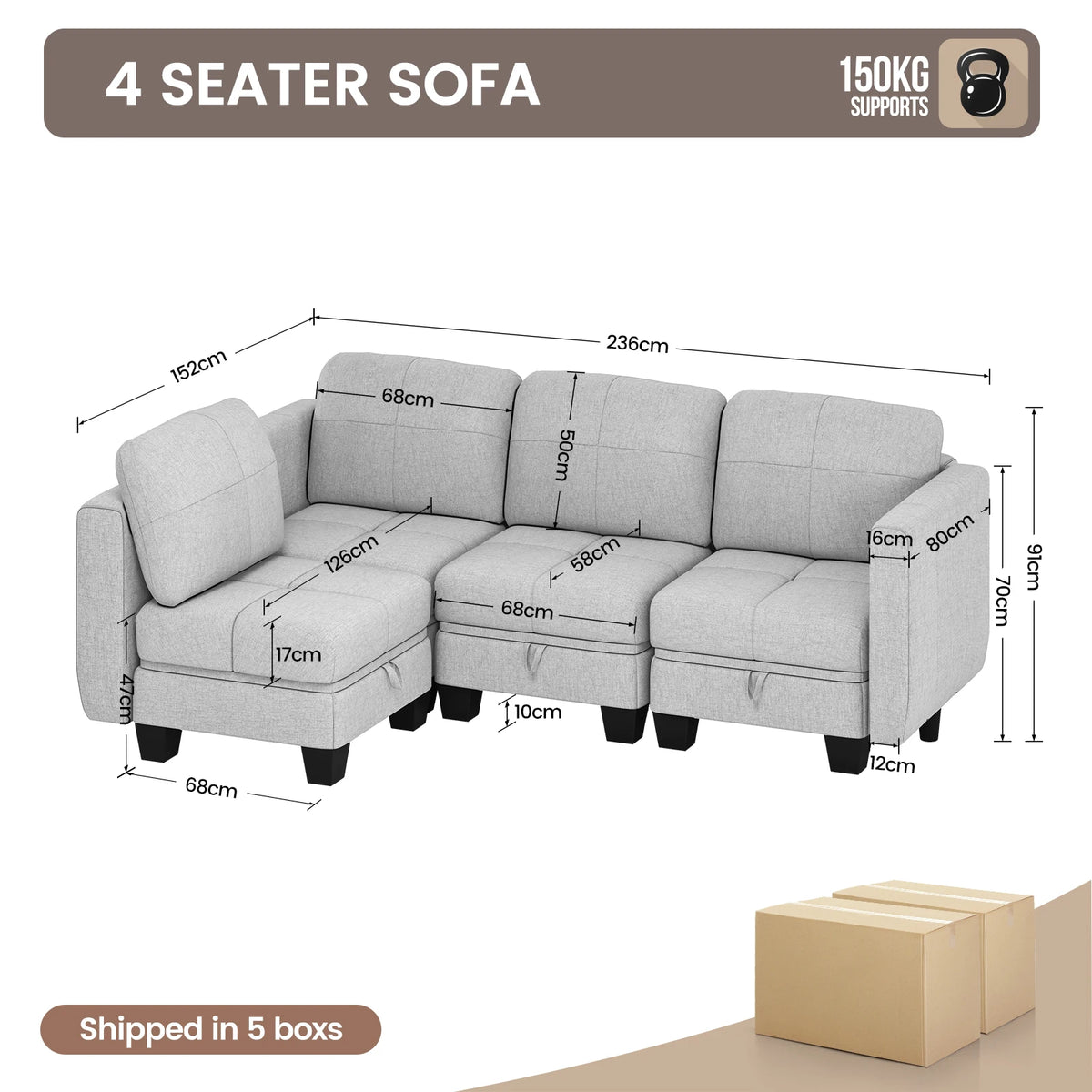 Fabric Modular Sofas with Upholstered Cushion and Removable Back Cushion Covers, Modern Sectional Sofa for Living Room