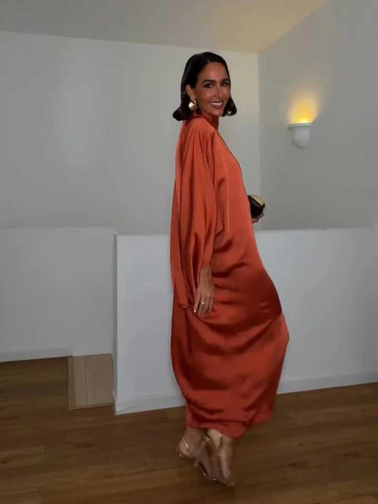 Solid Satin Maxi Dress Women Chic High Neck Batwing Sleeve Front Slit Loose Fit Dresses 2026 Summer Elegant Evening Party Gown