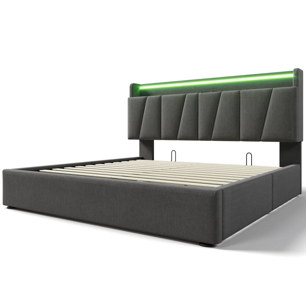 PINGGO Upholstered Double Bed with USB Charging Storage Headboard LED Lighting Bed Frame Wooden Slatted Grey (No Mattress)