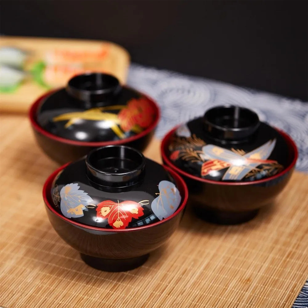 New With Lid Miso Soup Bowl Soup Container Double Color Japanese Rice Bowl Maple Leaf Japanese Flower Bowl Dining Accessories