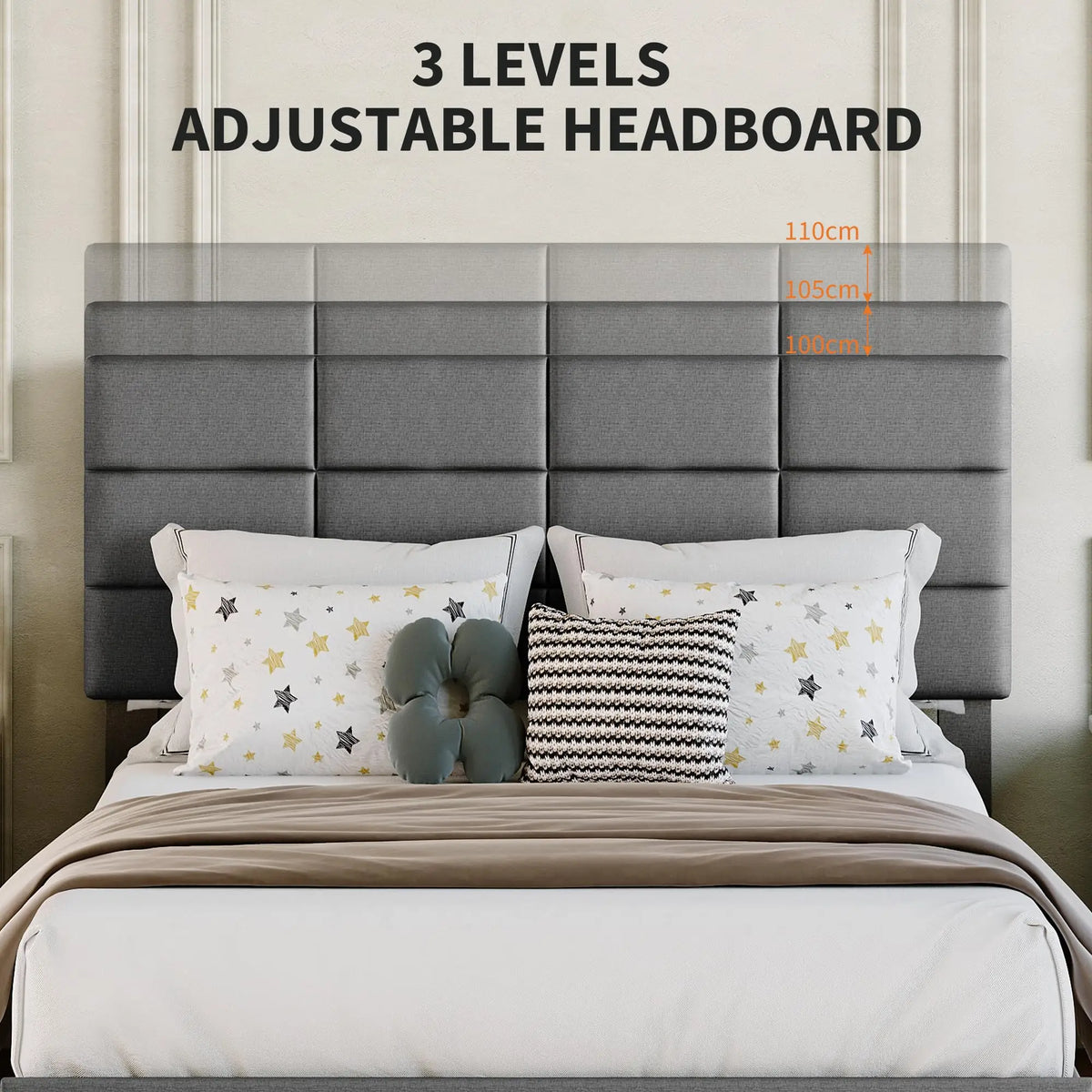 Upholstered Double Platform Bed Frame With Headboard Heavy Duty Metal Base And Wooden Slats No Box Spring Needed Noise-Free Under Bed Storage Easy Assembly