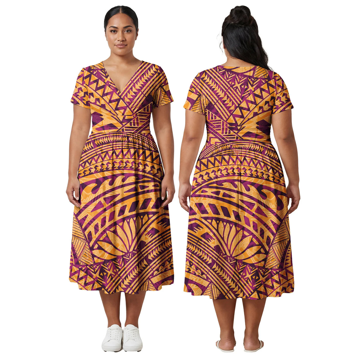 Custom Ladies Clothes Polynesian Midi Skirts Hawaiian Island Side Zipper Design Dress Samoan Women Tribal Short Sleeve Dresses