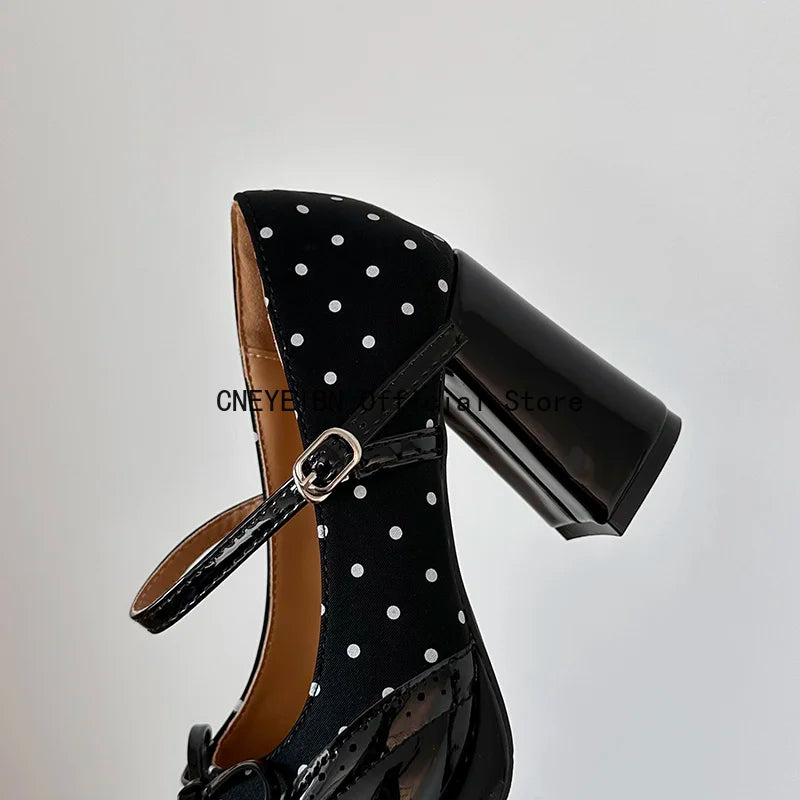 Platform Block Heels Polka Dot Women Mary Jane Shoes Concise Ankle Strap Shoes Spring Women's Elegant Butterfly-knot Dress Pumps