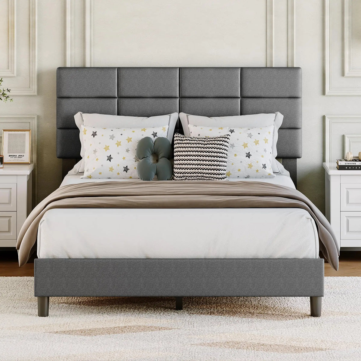 Upholstered Double Platform Bed Frame With Headboard Heavy Duty Metal Base And Wooden Slats No Box Spring Needed Noise-Free Under Bed Storage Easy Assembly