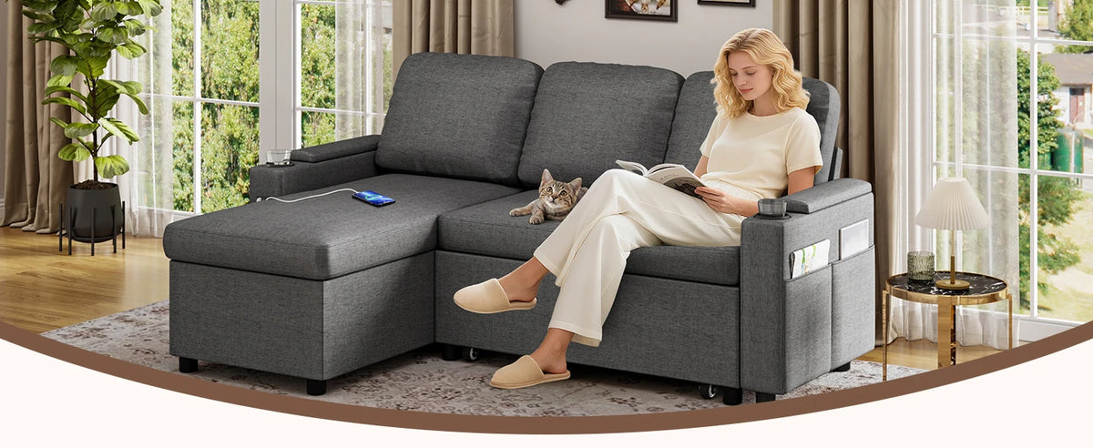Sofa Bed, L-Shaped Sleeper Sectional Couch Bed,2-in-1 Convertible Pull Out Corner Sofa with Storage, USB, Cup Holder