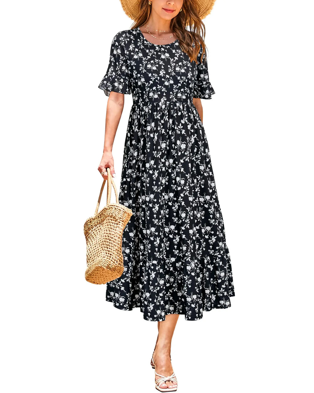 Women Summer Dress Floral Short Sleeve Casual Swing Midi Dress With Pockets