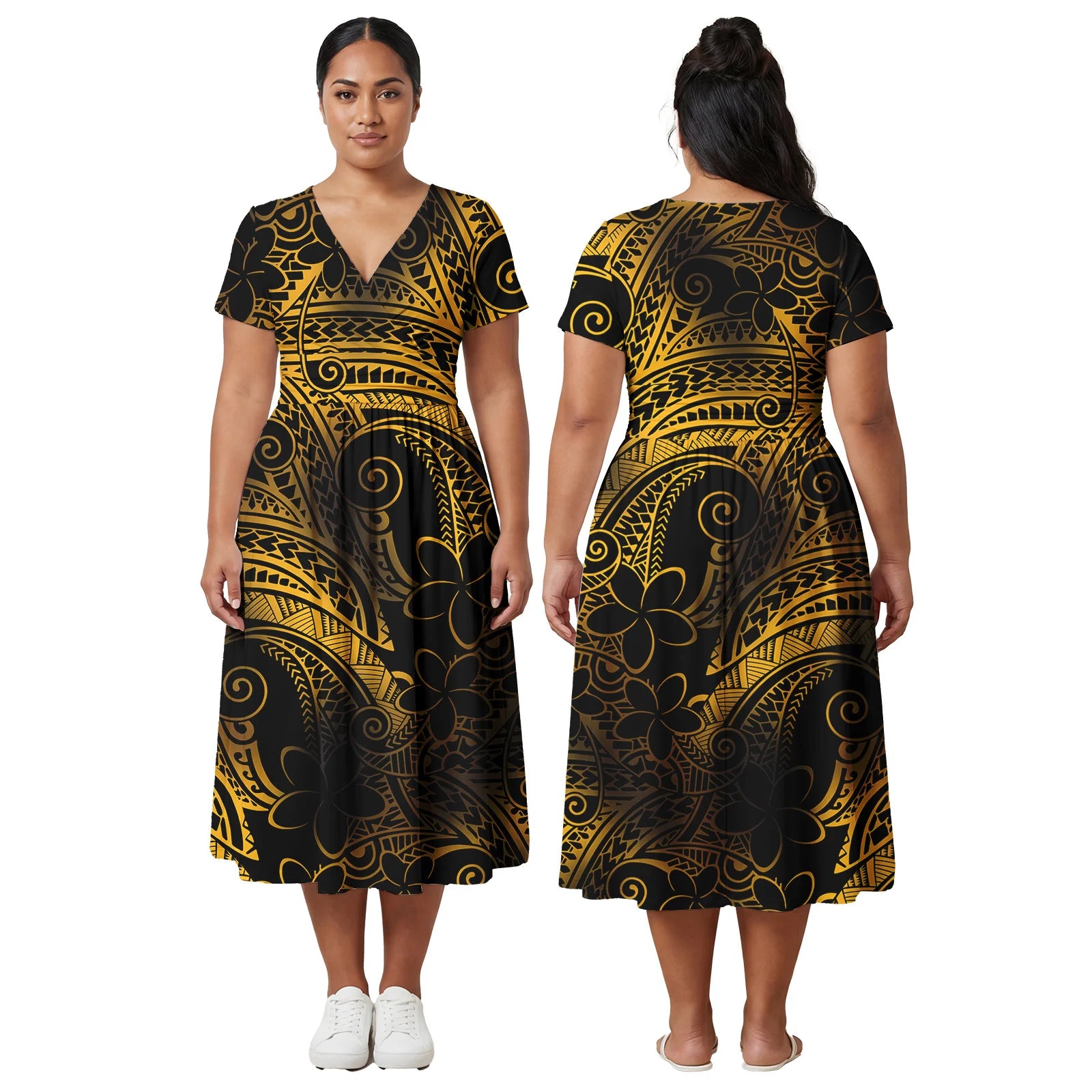 Custom Ladies Clothes Polynesian Midi Skirts Hawaiian Island Side Zipper Design Dress Samoan Women Tribal Short Sleeve Dresses
