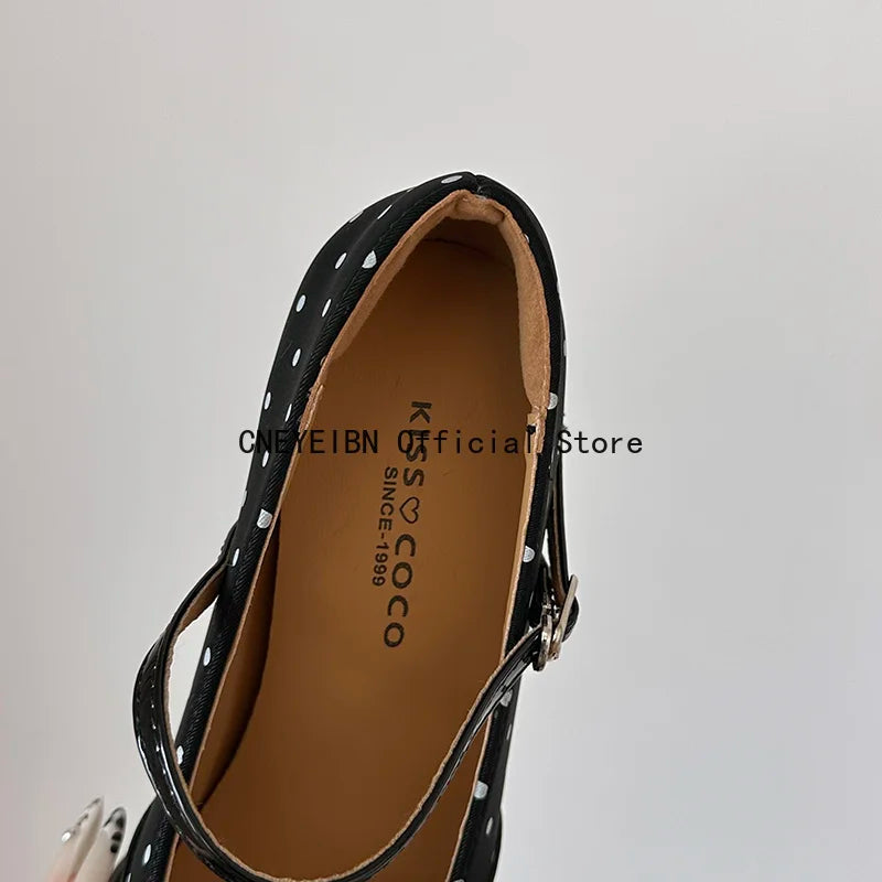 Platform Block Heels Polka Dot Women Mary Jane Shoes Concise Ankle Strap Shoes Spring Women's Elegant Butterfly-knot Dress Pumps