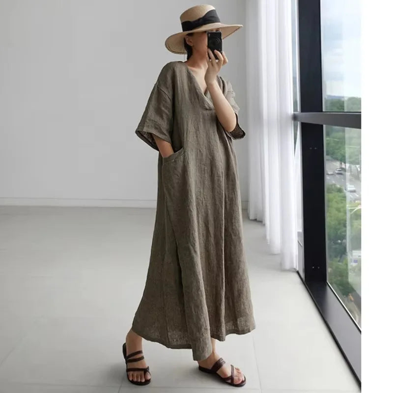 Women V‑Neck Midi Long Dress Short Sleeve Loose Dress With Pockets Casual Vacation Daily Streetwear Ladies Baggy Maxi Dresses