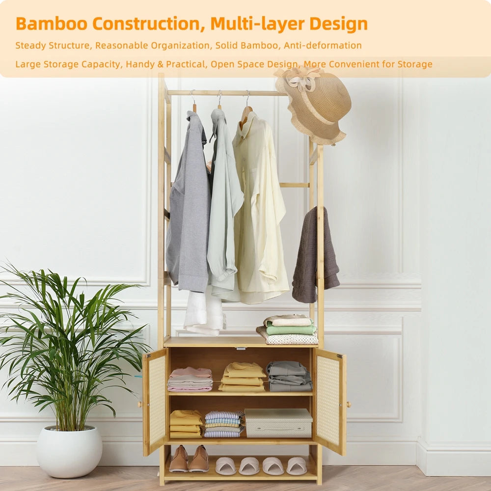 Free Standing Bamboo Clothes Rack Garment Coat Stand Shoe Storage Cabinet Shelf