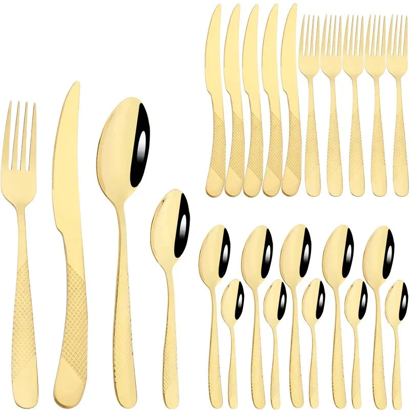 24Pcs Cutlery Set Stainless Steel Knife Fork Spoon Dinnerware Western Tableware Set Kitchen Flatware Dinner Silverware Table Set