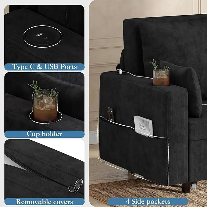 3 in 1 Pull Out Couch, Convertible Sleeper Sofa Bed, 56 Inch Loveseat Sofa Couch with Cup Holders, Modern Loveseat Sleeper Sofa for Living Room, Bedroom