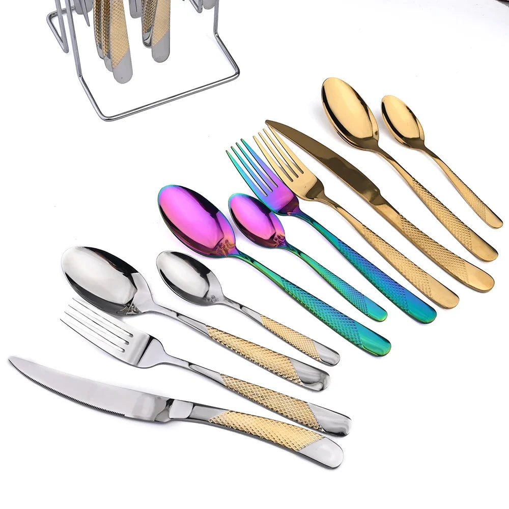 24Pcs Cutlery Set Stainless Steel Knife Fork Spoon Dinnerware Western Tableware Set Kitchen Flatware Dinner Silverware Table Set