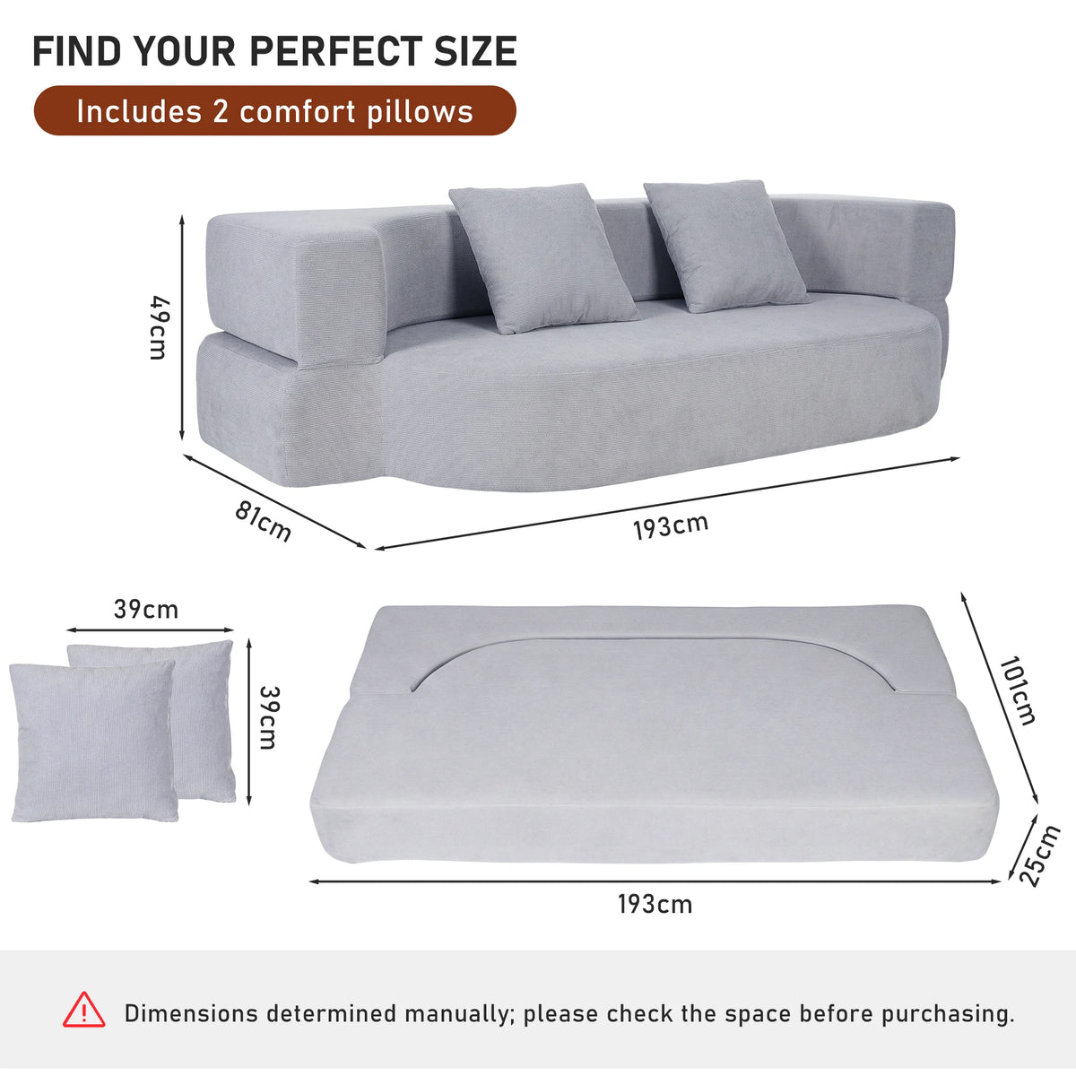 76” Convertible Sofa Bed, Full Size Sleeper Couch, Grey| Boneless Folding Loveseat, Deep Seat, Soft Chenille, 2 Pillows, No Assembly, for Guest Living Room Bedroom