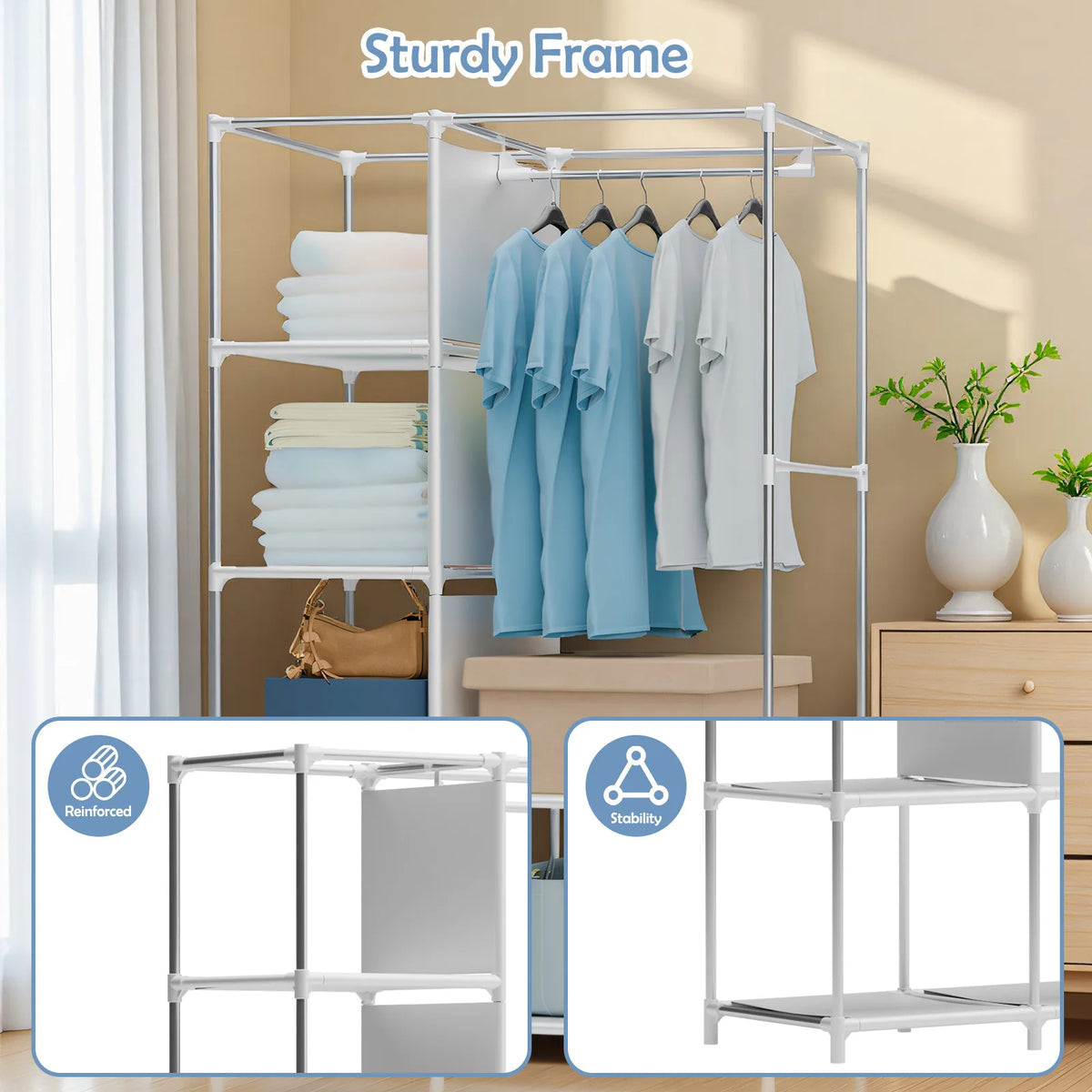 Portable Wardrobe Closet Organizer with Cover Non-Woven Steel Tube Frame 6 Shelves 2 Side Pockets 12mm Easy Assembly for Bedroom