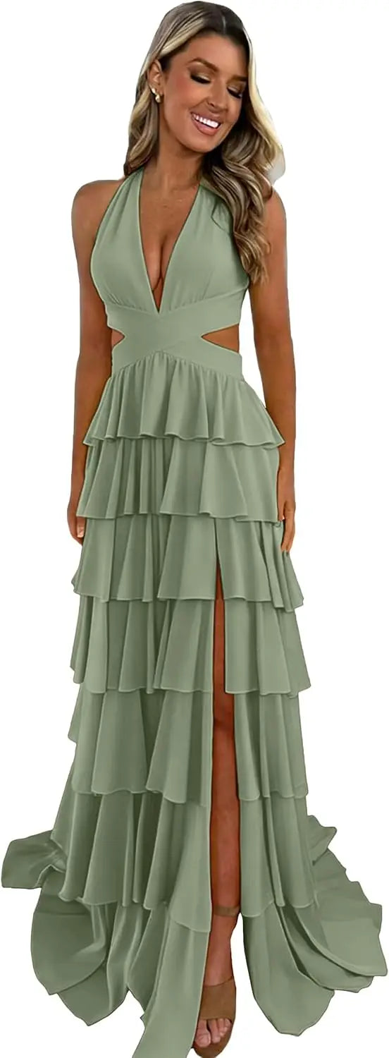 Customized Halter Tiered Ruffle Prom Dresses for Women 2026 Strapless Chiffon Long Formal Evening Party Gowns with Slit